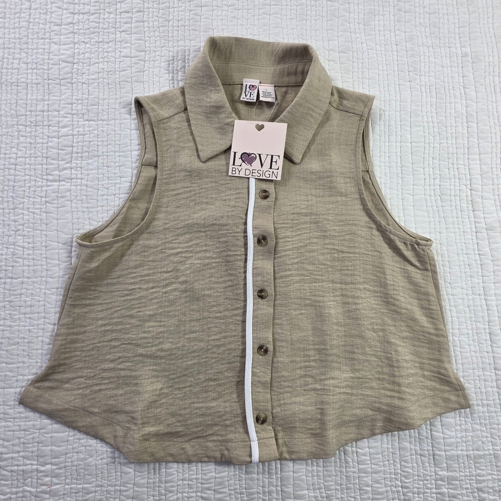Love By Design NWT Khaki Tan Linen Blend Sleeveless Button Down Crop Top Large